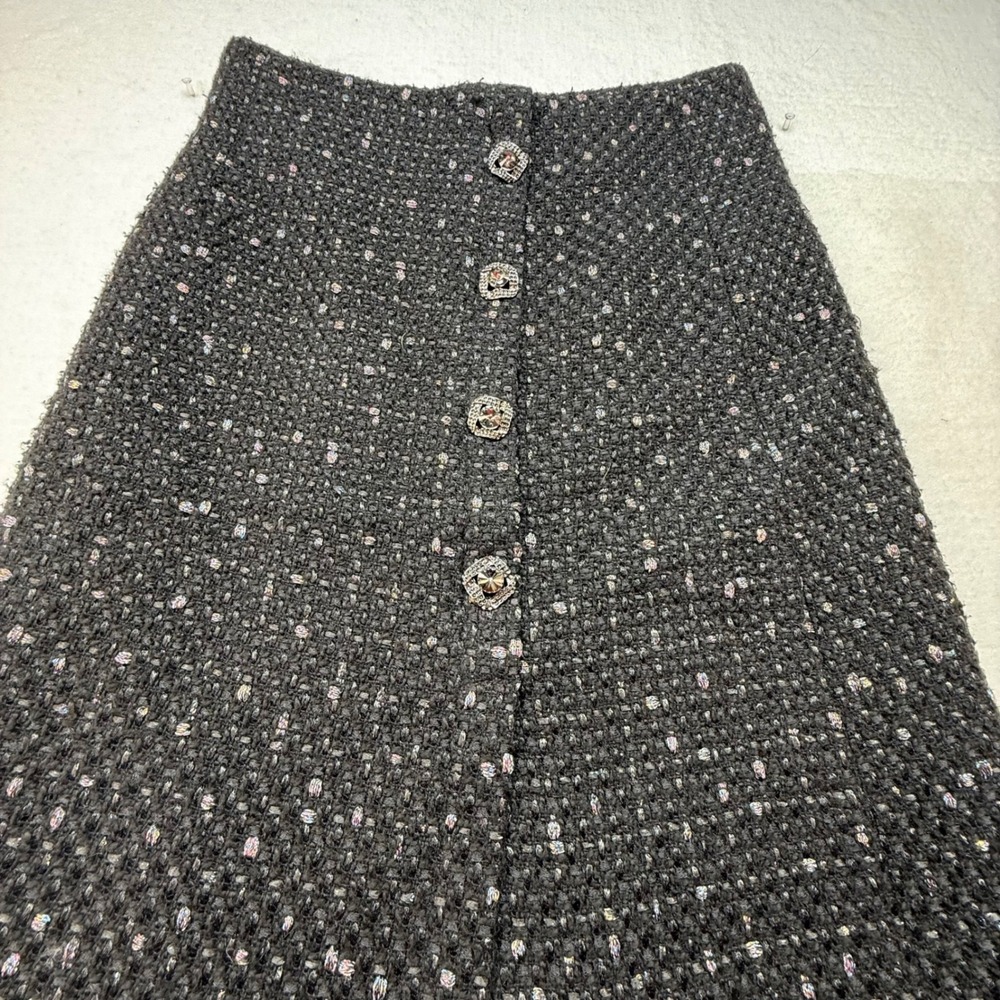 Womens Black Tweed Skirt Button Front A Line Midi Skirt Size L